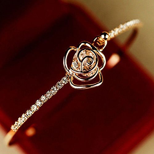 New Graceful Women Crystal Flower Bangle Gold Filled Cuff Chain Bracelet Jewelry N4