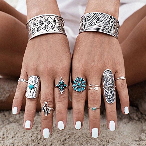 Vintage 9PCS/Set Silver Punk Ring Womens Retro Geometry Finger Rings Boho Style N2