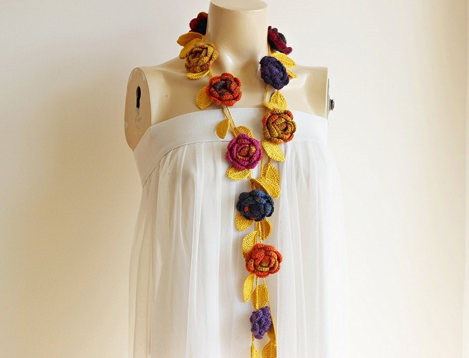 Mustard Rose Scarf-Autumn Mustard Necklace -Lariat Necklace Scarf-Crochet Scarf-Mustard Autumn Scarf N5