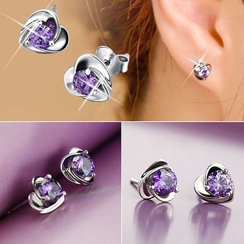 Women New Fashion Heart Rhinestone Silver Plated Ear Studs Earrings