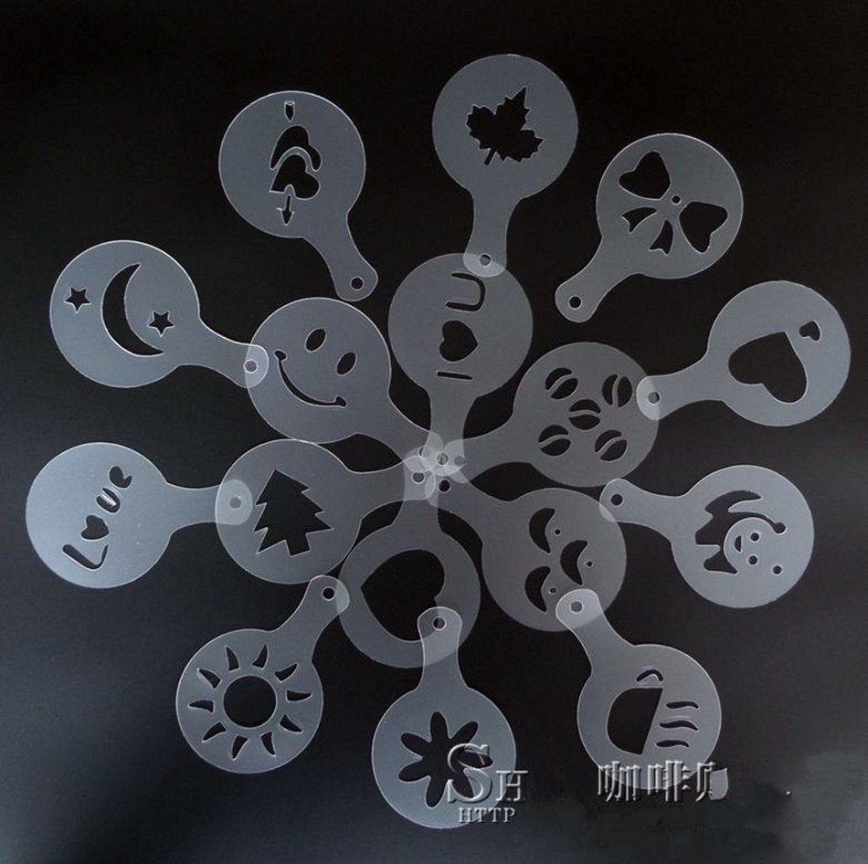 Coffee Stencils Latte Art Cappuccino Plastic Plate Template 16 Designs Decorating Tool + Mesh Shaker + Spoon