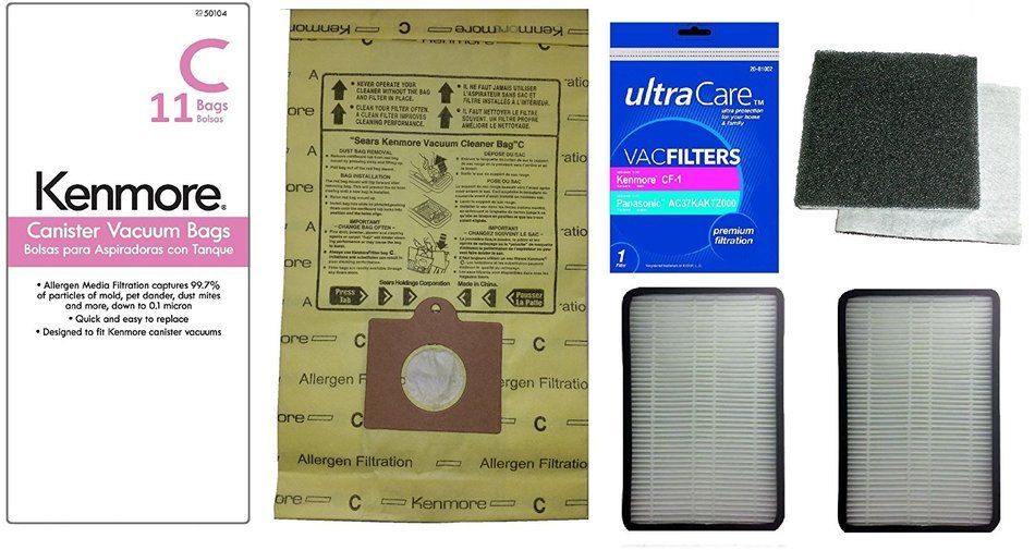 11 Kenmore Type C or Type Q Premium Allergen Canister Vacuum Bags, (1) Kenmore CF1 81002 Motor Chamber Filter,...