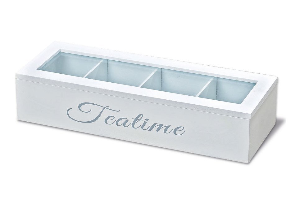 The Premium Tea Time Chest Organizer, White with 4 Large Compartments and Window Top, (13 L x 4 3/8 W x 2 &frac34; H...