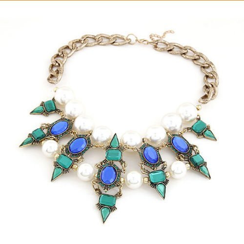 Green Pearl Bib Necklace Flower Chunky Statement Crystal Pendant Collar Chain N5