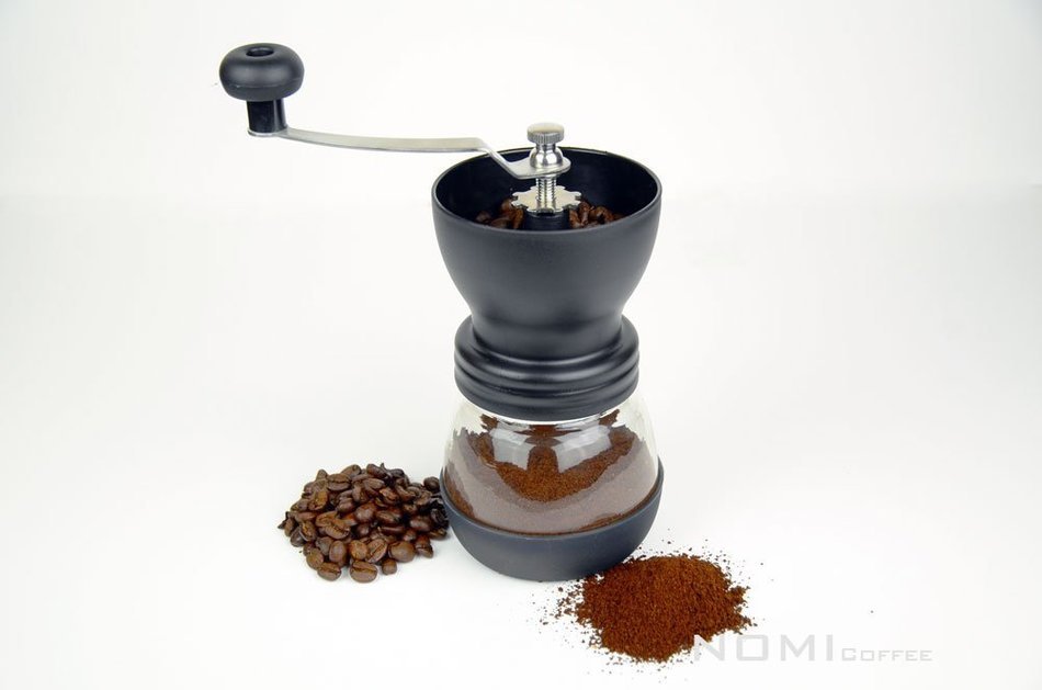 Nomi Manual Ceramic Burr Coffee Grinder Mill Hand Crank with Complimentary Lid & Brush (Black)