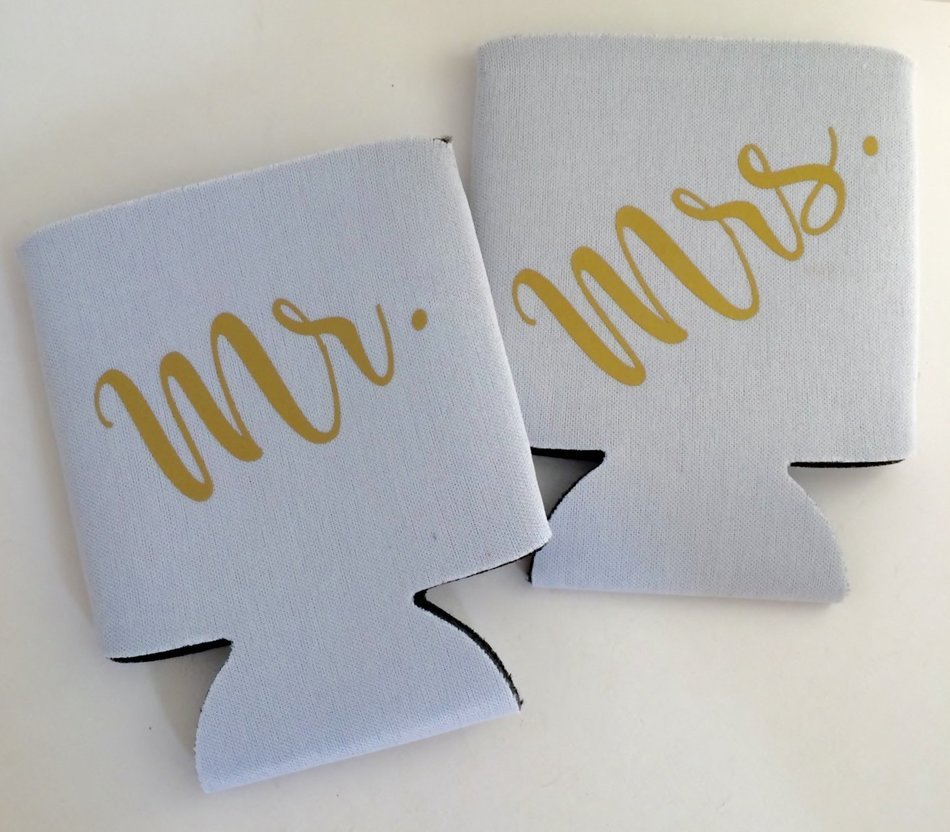 Mr and Mrs Can Coolers, White & Gold Can Insulators, Couples Gifts Set