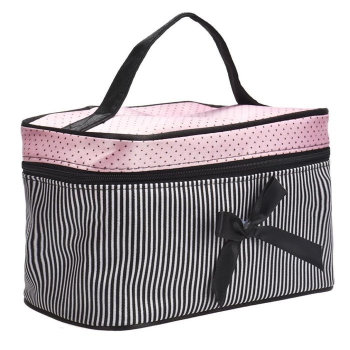 Cosmetic Bag, Bolayu Square Bow Stripe (Hot Pink) N6