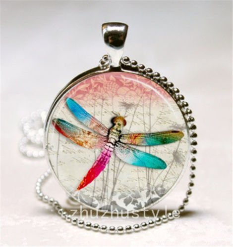 Vintage Dragonfly Cabochon Glass Necklace Pendant with Ball Chain Necklace new, N2