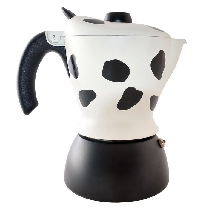 Bialetti Mukka Express 2-Cup Cow-Print Stovetop Cappuccino Maker, Black and White