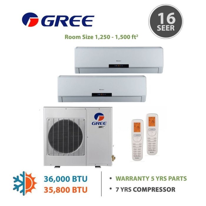 Gree +Multi Dual-Zone Mini Split Ductless Mini-Split 18,000 BTU Inverter Heat 9k 9k N3