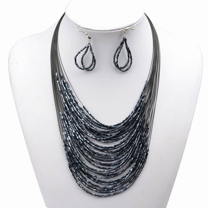 Hematite Popular Glass Beads Multilayer Collar Necklace Earrings Jewelry Set N2