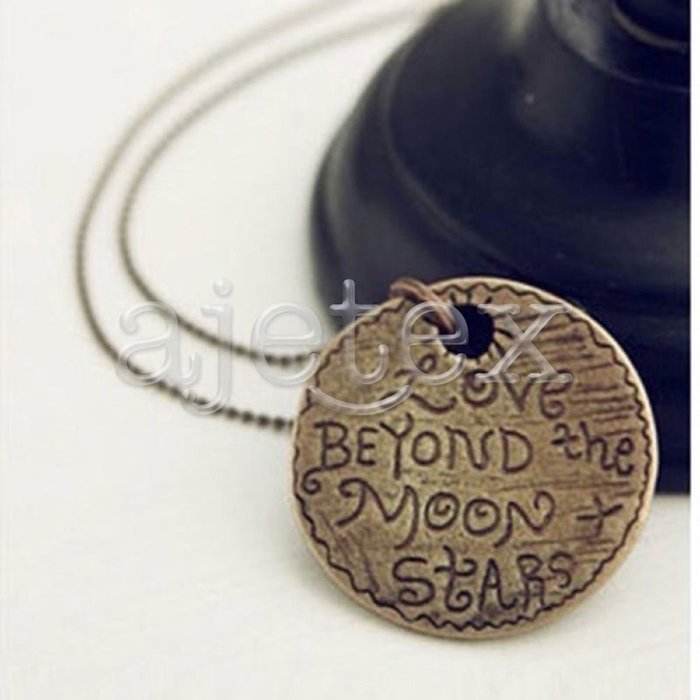 1pcs Antique Brass Round "Love Beyond Moon Stars" Letters Sweater Necklace 76cm