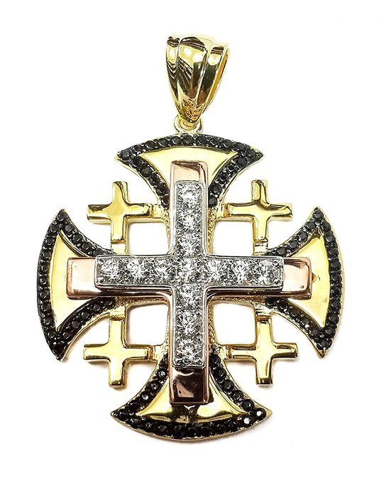 Jerusalem Quality Gold Plated Cross Swarovski Black White Crystals Handmade 1.4"