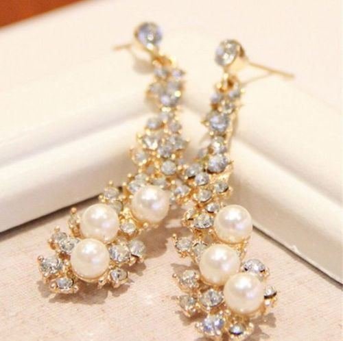 Pearl Rhinestone Women Lady Crystal Dangle Chandelier Earrings Jewelry N6