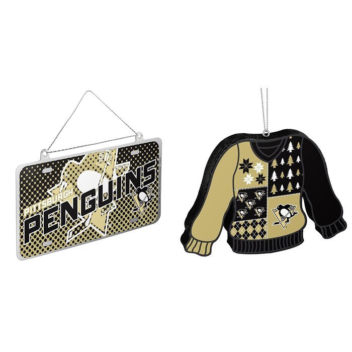 NHL Pittsburgh Penguins Metal License Plate Christmas Ornament Foam Ugly Sweater Bundle 2 Pack By Forever Collectibles