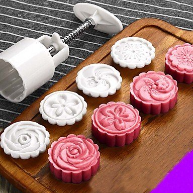 Y&XL&H 5Pcs/lot Hand pressing 50g Round Moon Cake Mold Belt 4 Stamps Cookie Cutter Pastry Moon Cake Molds