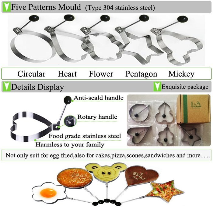 Jason&Aerobic Fried Egg Mold Stainless Steel 5 Patterns Pacakage of 5
