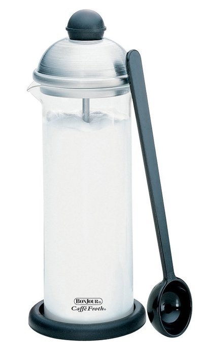 BonJour Coffee Glass and Stainless Steel Manual Milk Frother, 16-Ounce, Caff&eacute; Froth Monet