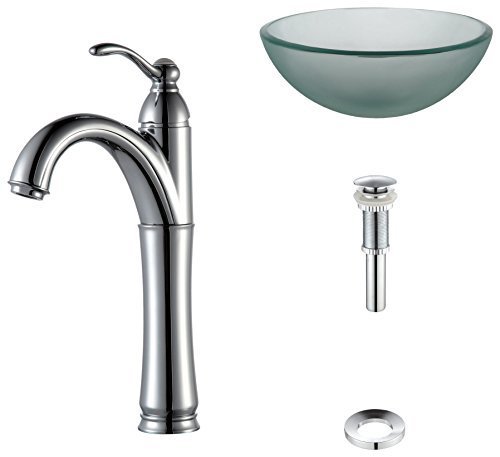 Kraus C-GV-101FR-14-12mm-1005CH Frosted 14 Glass Vessel Sink and Riviera Faucet Chrome by Kraus