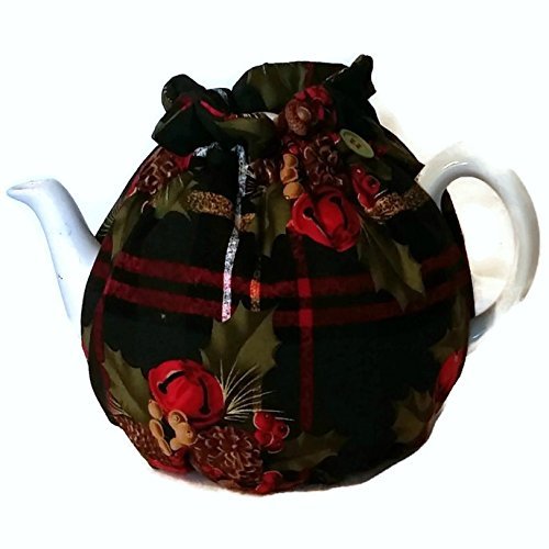 Teapot Cozy Red green plaid with Holly, Bells and Pine boughs for 5-8 cup teapot #344