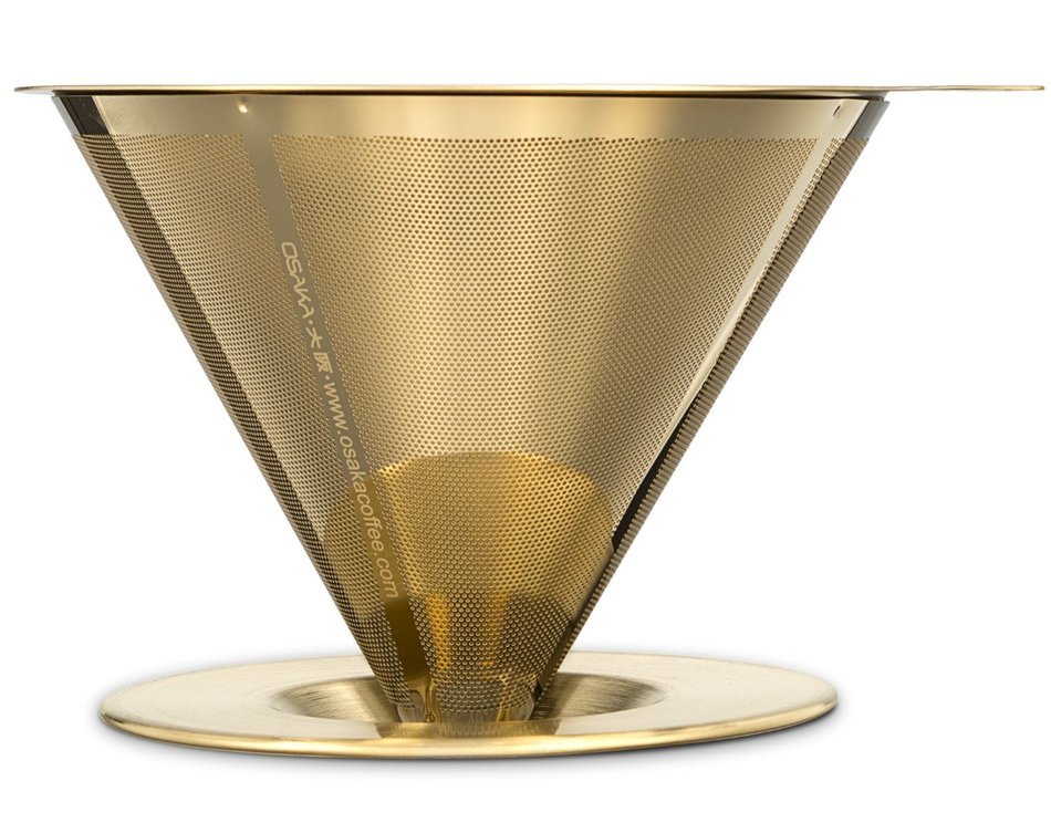 Osaka Titanium Coated Pour Over Cone Dripper, Reusable Stainless Steel Coffee Filter with Cup Stand "Himeji-jo"