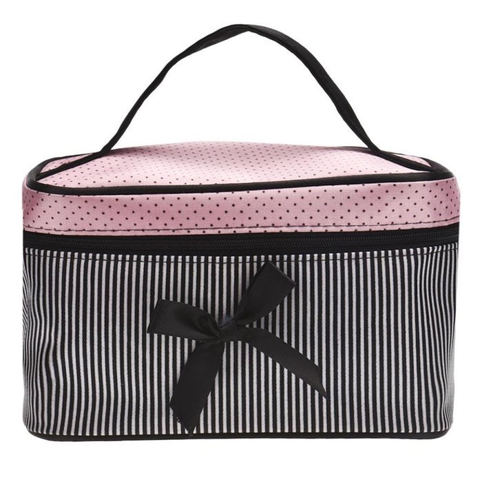 Cosmetic Bag, Bolayu Square Bow Stripe (Hot Pink) N7