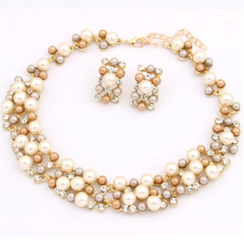 Fashion Women Generous Pearl Fashion Choker Statement Bib Necklace Earrings Sets N3