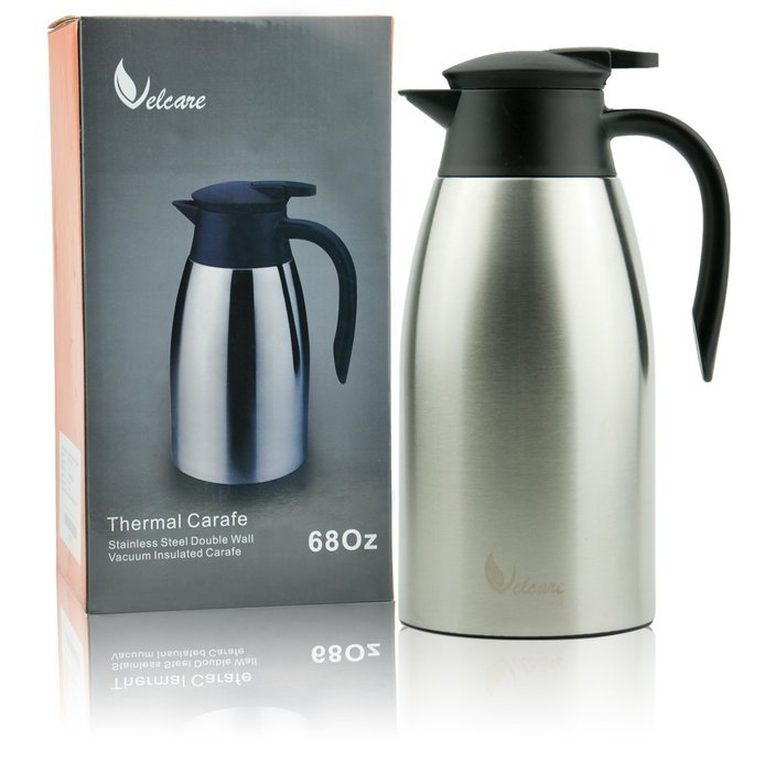 Thermal Carafe 68Oz Stainless Steel Double Walled Insulated Vacuum Thermos with Lid for Coffee Tea By Velcare