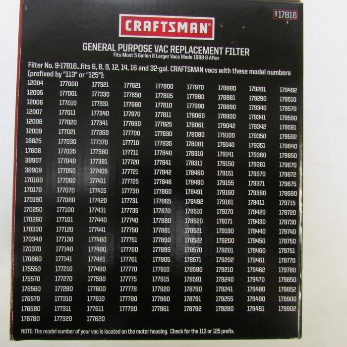 Craftsman 9-17816 Filter Fits All Current Craftsman Vacuums 5 Gallons and Above