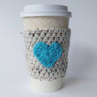 Crochet Coffee Sleeve Oatmeal with Turquoise Heart