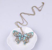 Retro Hollow Rhinestone Crystal Butterfly Sweater long chain pendant Necklace N4
