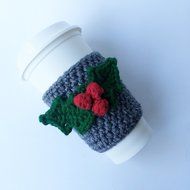 Coffee Sleeve Coffee Cup Cozy Grey with Holly Applique