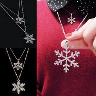 Silver Alloy Rhinestone Crystal Double Snowflake Pendant Sweater Chain necklace