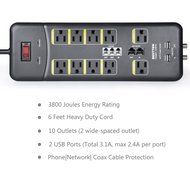 Bestten 10 Outlet All-In-One Surge Protector Power Center with 2 USB Ports (3.1A Total) and Phone / Ethernet /... N6
