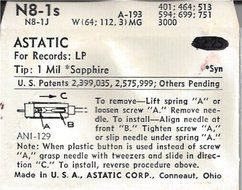 Astatic N8-1s 1 Mil Sapphire Record Needle N2