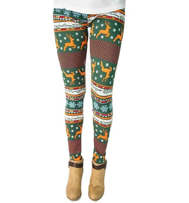 PHOTNO Women Skinny Christmas Elk Print Stretchy Pants Slim Leggings N4