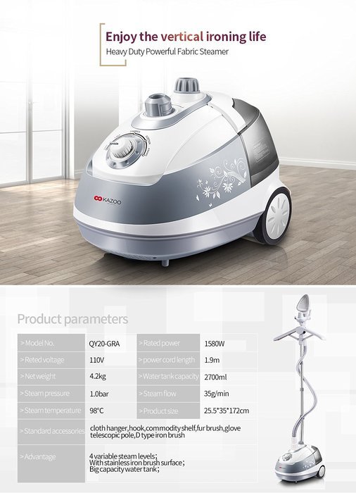 Summer Promotion Kazoo 2700 ml Professional Garment Clothes Fabric Steamer Portable Wrinkle Remover Iron Steam