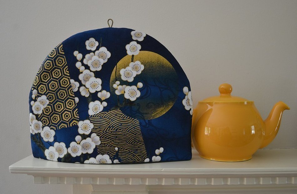 Artisanal Cotton Insulated Japanese Nocturnal Scene Cotton Tea Cozy - Metallic Gold Full Moon and Cherry Blossoms...