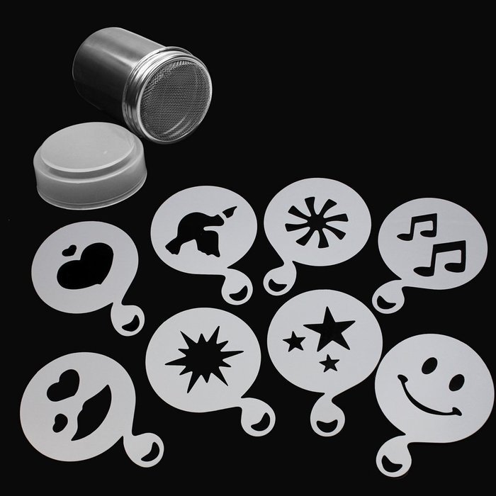 ReFaxi&reg; Durable Stainless Steel Chocolate Dredge Shaker Cocoa Flour Coffee Sifter + 8x Cappuccino Coffee Stencils...