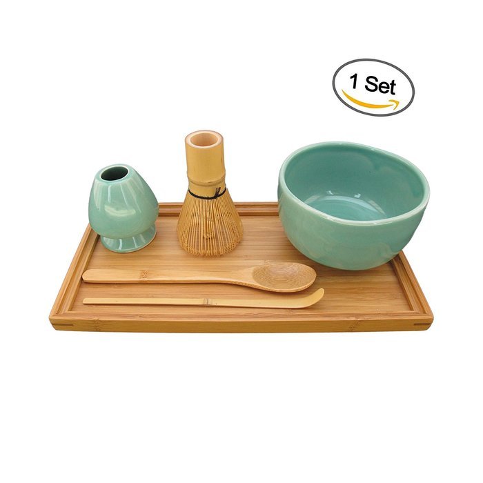 BambooMN Brand - Matcha Bowl Set (Includes Bowl, Rest,Tea Whisk, Chasaku, Tea Spoon & Tray) 1 Set Soft Light Green