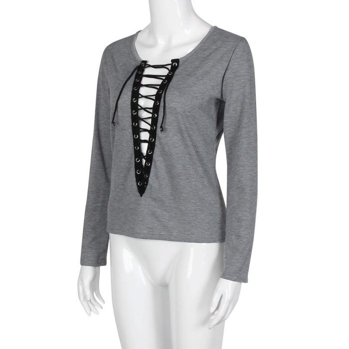 Bandage Blouse,Laimeng Women Cotton Blend Autumn Winter Strap Casual Shirt T-shirt Top Blouse (M, Gray)