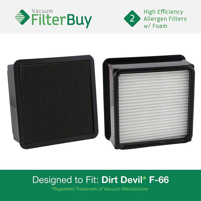 2 - Dirt Devil F66 (F-66) Allergen HEPA Filters with Foam Insert. Designed by FilterBuy to fit Dirt Devil Dirt...