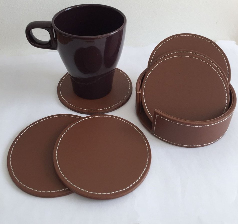 XICHEN&reg; Leather Coasters - Upscale With Coaster Holder Sleek -6 Piece Set With Holder (Chocolate Brown) N3