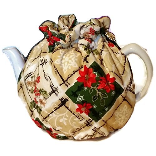 Teapot Cozy Christmas themed with red poinsettias, holly leaves for 5-8 cup teapot #405