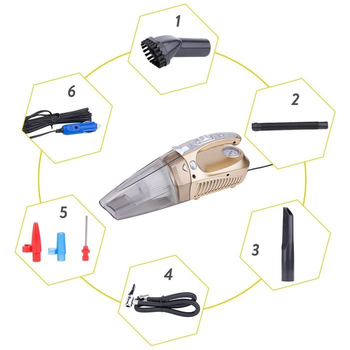 Car Dust Buster Hand Vac, TWOBIU(TM) 100W Vehicle Vacuum Cleaner with Tire Pressure Monitor Tire Inflation Flashlight-Gold N5