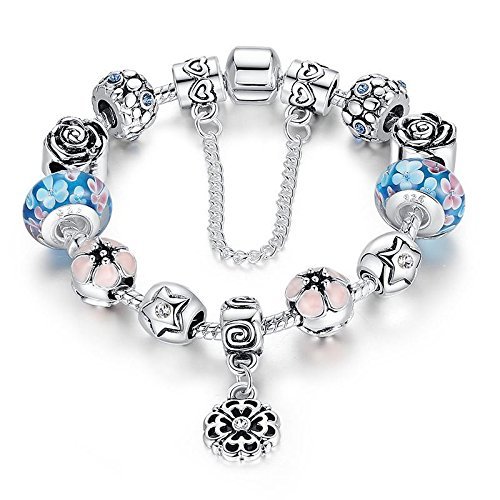 European 925 Glass Bead Charms Bracelet With Crystal Fit Women Christmas Jewelry N4