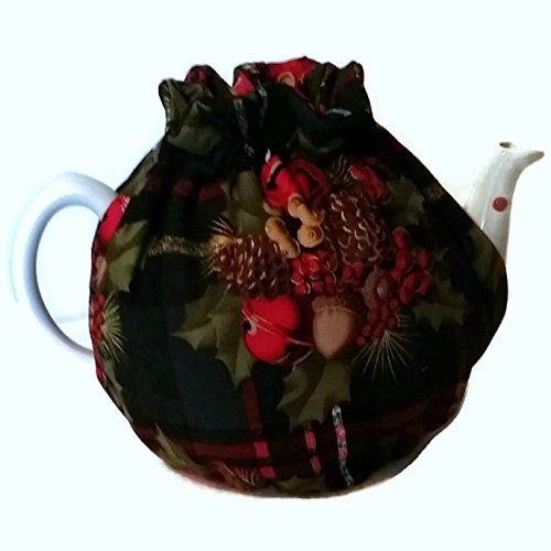 Teapot Cozy Red green plaid with Holly, Bells and Pine boughs for 5-8 cup teapot #344 N2
