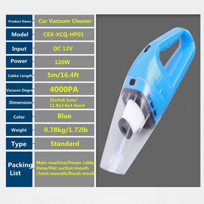 Cherni Car Vacuum Cleaner Handheld Portable 120W Mini Dirt Devil Vacuum with 16ft Power Cable (Blue) N8
