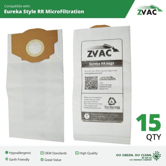 Eureka Type RR Vacuum Bags (15 Pack); Similar To Part 67529; Fits All Bagged Smart Vac Uprights; by ZVac N4
