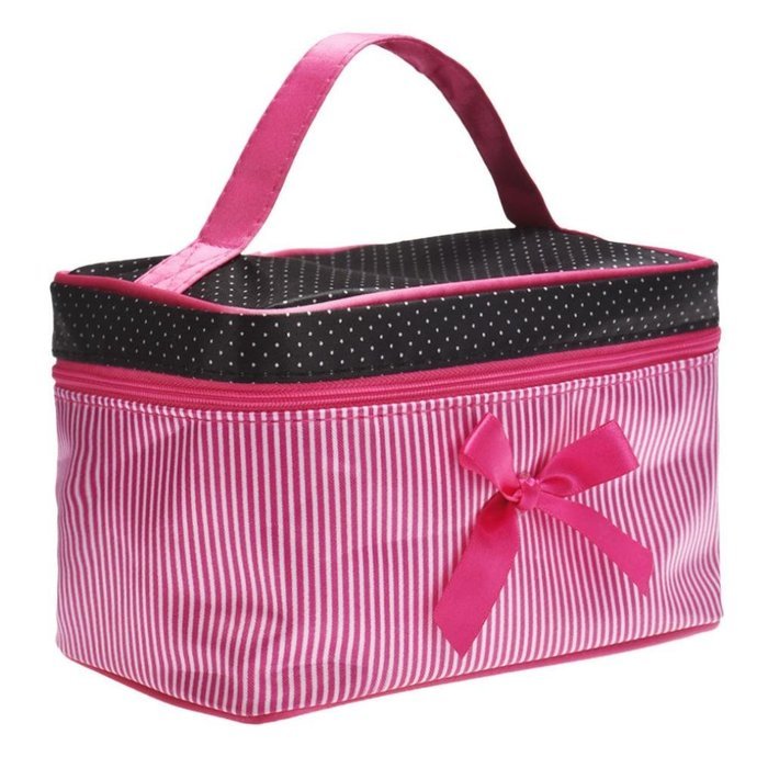 Cosmetic Bag, Bolayu Square Bow Stripe (Hot Pink) N9